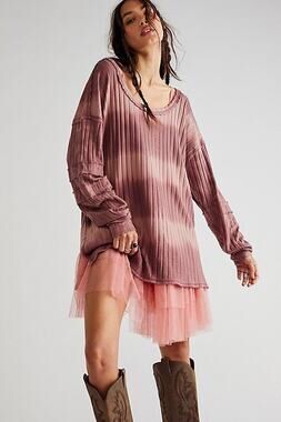 New Free People WTF Sunset Ribbed Tie Dye Long Sleeve Top $128 X-SMALL Chocolate